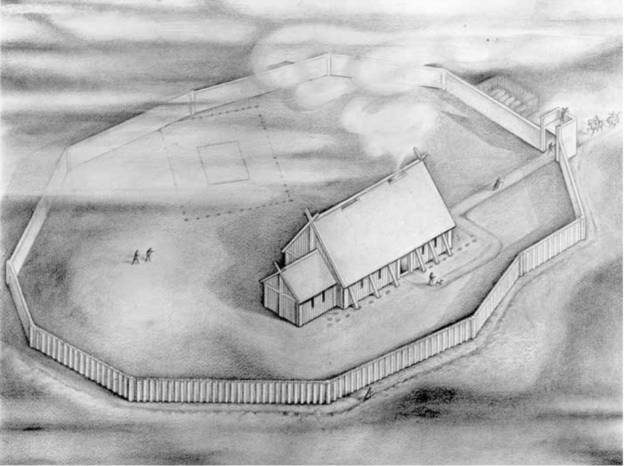 Reconstruction drawing of Hall B and its encircling palisade at Doon Hill, near Dunbar, drawn by Dr Brian Hope-Taylor following his excavations there between 1964 and 1966
